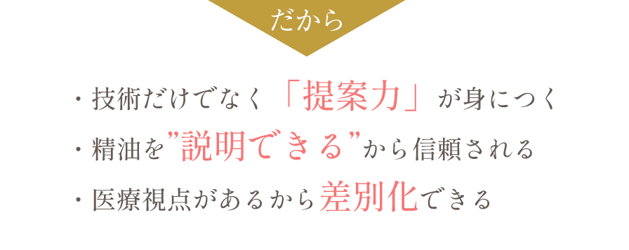 受講後は… 一人ひとりのお悩みや症状に応えられる“パーソナルケア”ができるように！たくさんの方に必要とされる「メディカルアロマセラピスト」として10年、20年と長く活躍できます